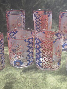 Vintage Culver Imari 22k Gold Glasses Set of 8, MCM Barware (4 Tall + 4 Rocks)